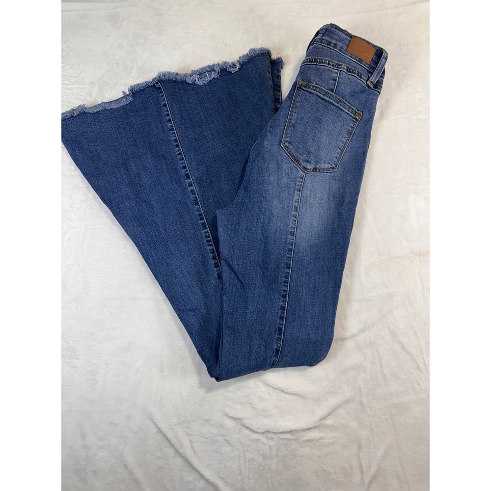 Judy Blue Super Flare Jeans 3/26 Blue Raw Hem Seam Detail High Rise Womens